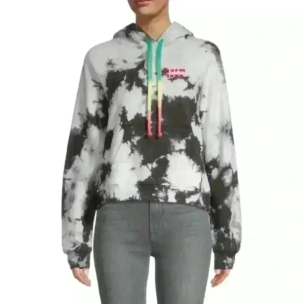 NWT Warm Fun Womens Cotton Tie-Dye Print Drawstring Pullover Hoodie White Size S